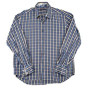 Marco Brunelli Mens Adult XL Button Shirt Long Sleeve Plaid Blue‎ Italy